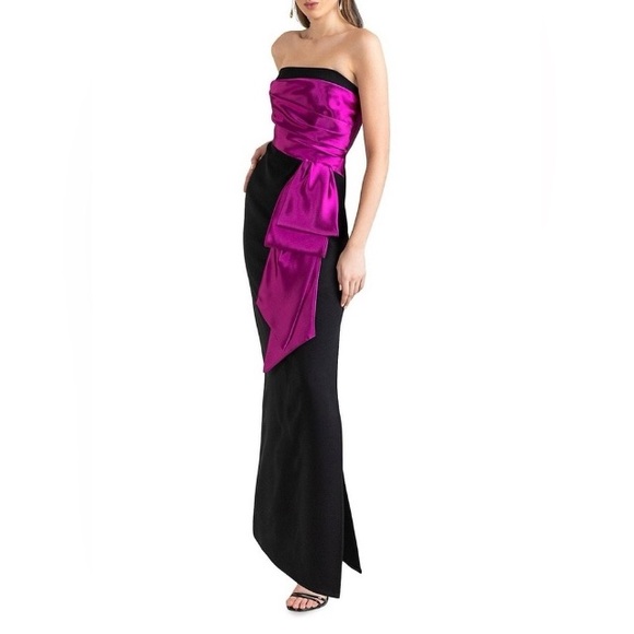 Shoshanna Amara Gown Black Pink Satin Bow Maxi Size 6 - Picture 2 of 9